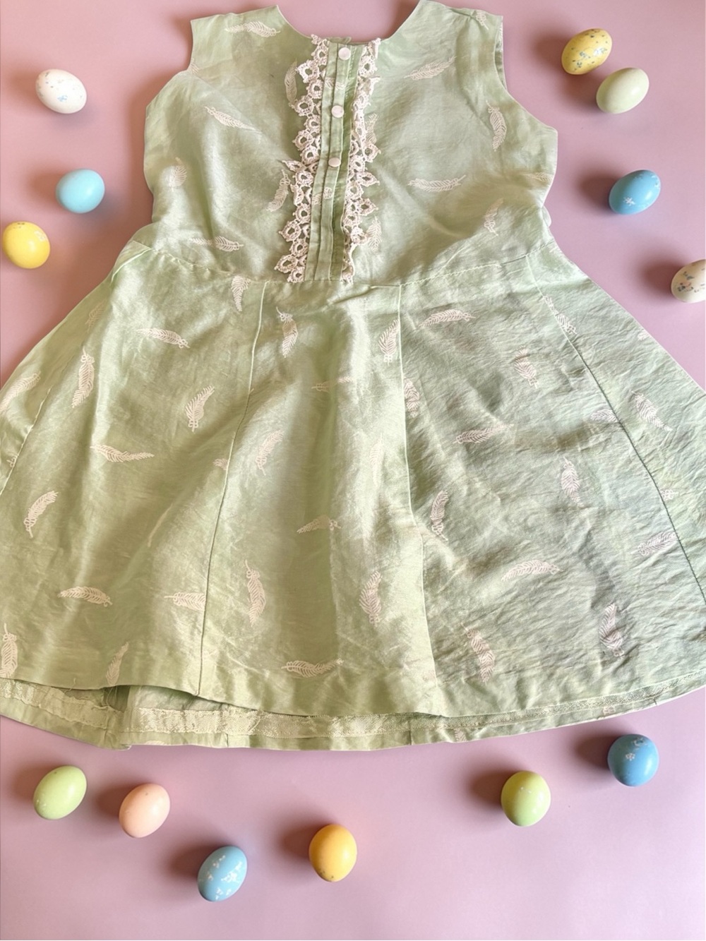 Girls' Handmade Vintage Sage Green Feather Print Formal Dress